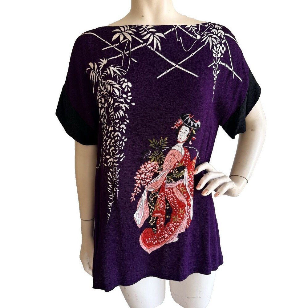 METO Top Purple Red Japanese Geisha Asian Art to Wear Tunic Size M L
